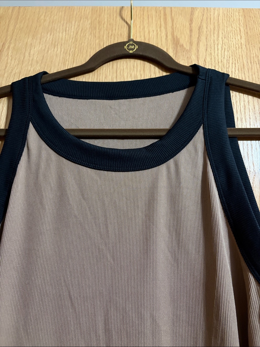 Women's Sleeveless Tank Top Ribbed in Taupe (mocha) with Black Trim - Picture 2 of 2